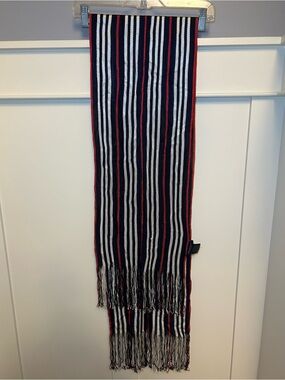 Burberry Navy, White & Red Striped Fringed Scarf